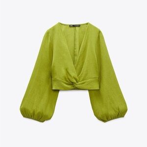 NWT ZARA GREEN CHARTREUSE CRINKLE KNOT FRONT CROP TOP S